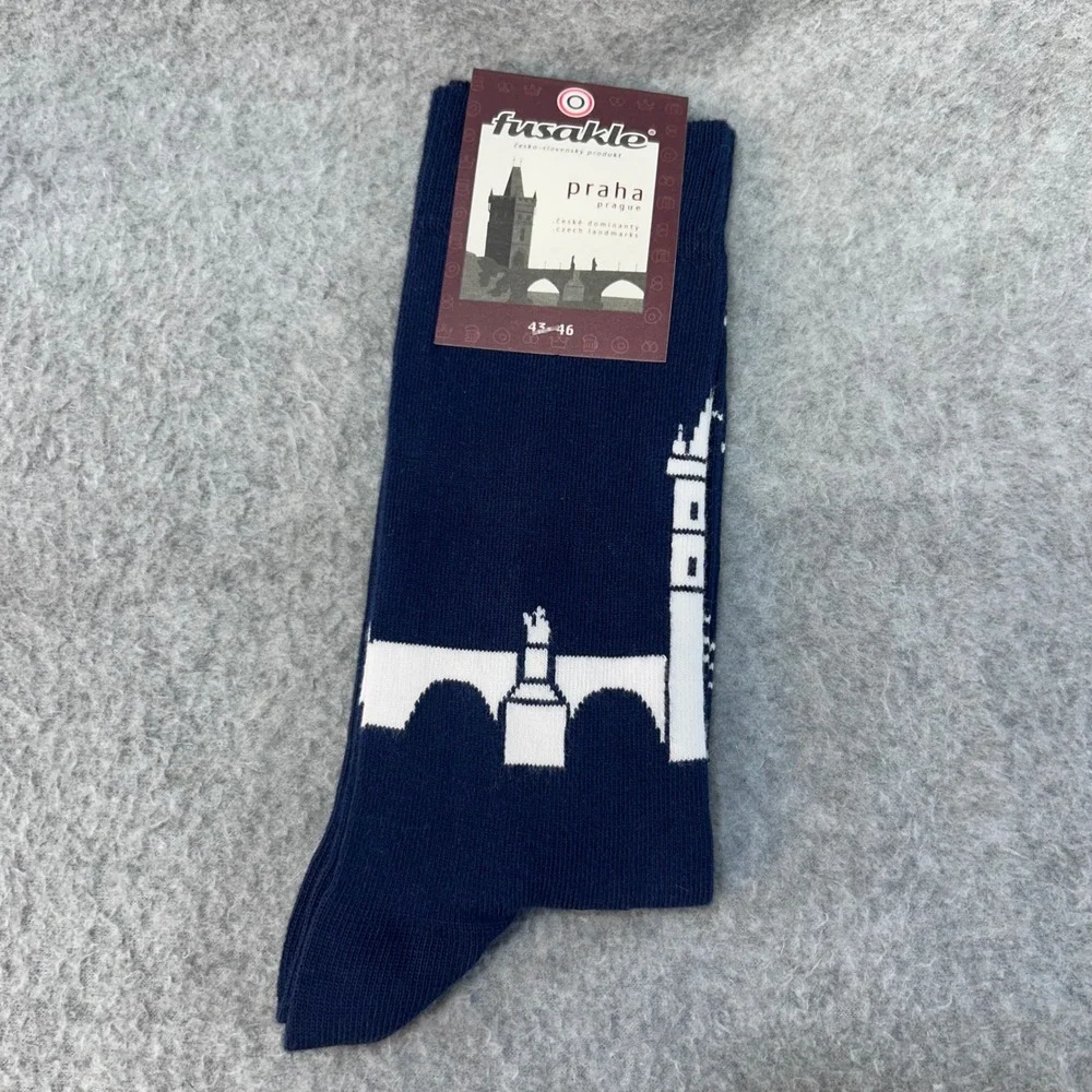 Czech Landmark Charles Bridge Praha Prague  Navy Fusakle Crew Socks US 9.5-11.5